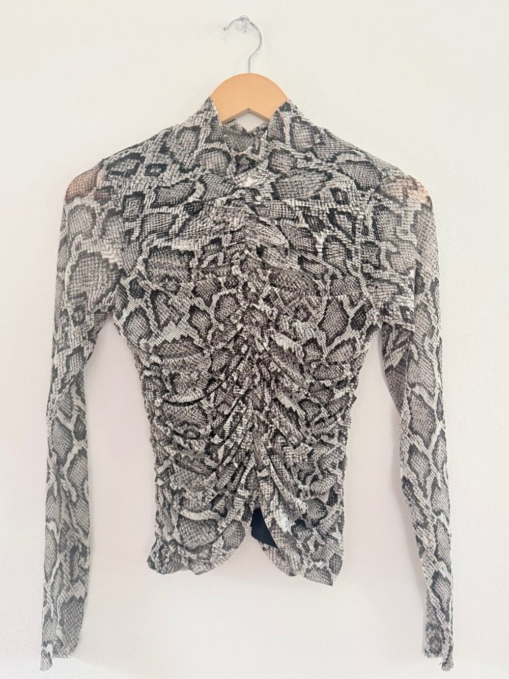 NWT AFRM Gray Snakeskin Print Mesh Long Sleeve Mock Neck Ruched Top y2k Size S